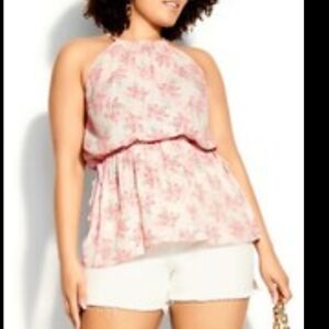 City Chic Pink Floral Halter Top Plus Size 20 L Adjustable Tie Waist Peplum